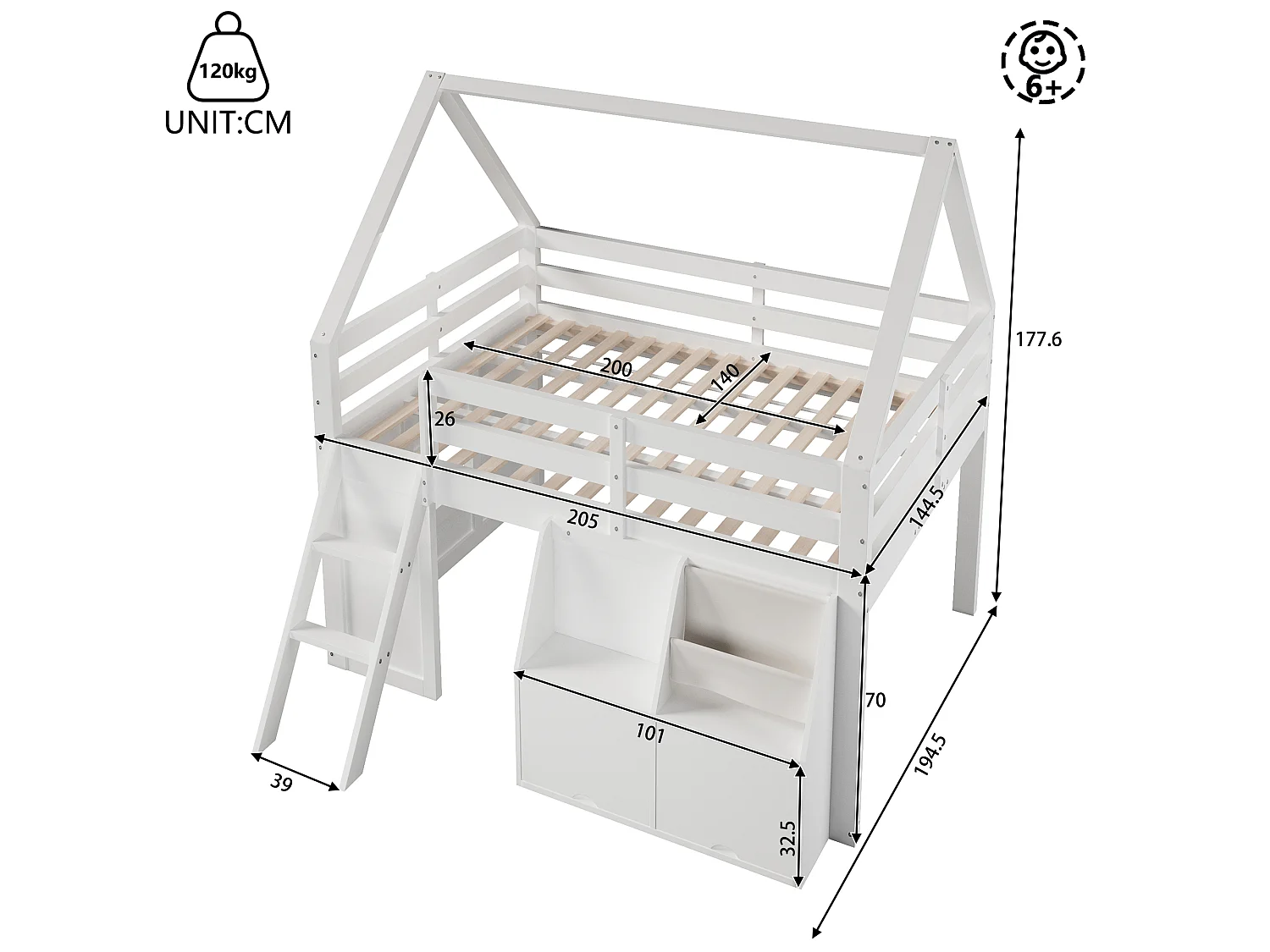 Hochbett im Hüttenstil, 140 x 200 cm, mit Treppe, Stauraum, LED-Beleuchtung und Stofftaschen - MDF + Kiefer - Weiß (Matratze nicht enthalten)