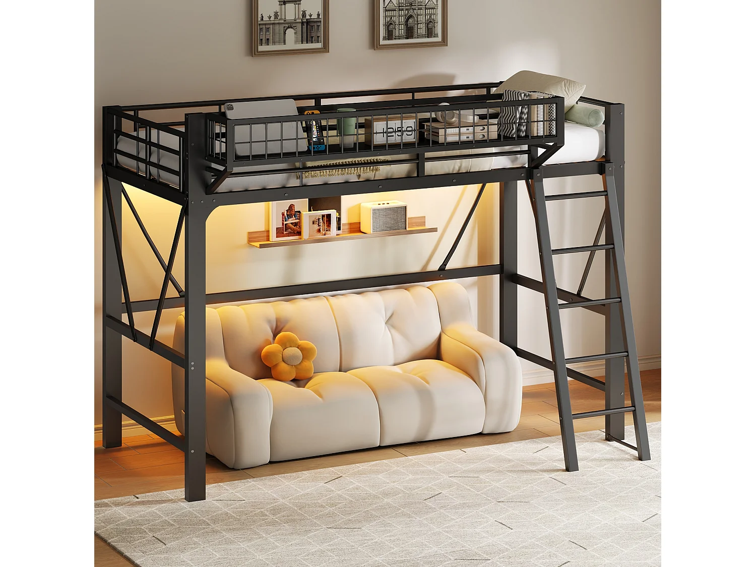 Loft bed 90 x 200 cm with large storage basket and LED lighting - Metal - Black (Mattress not included)