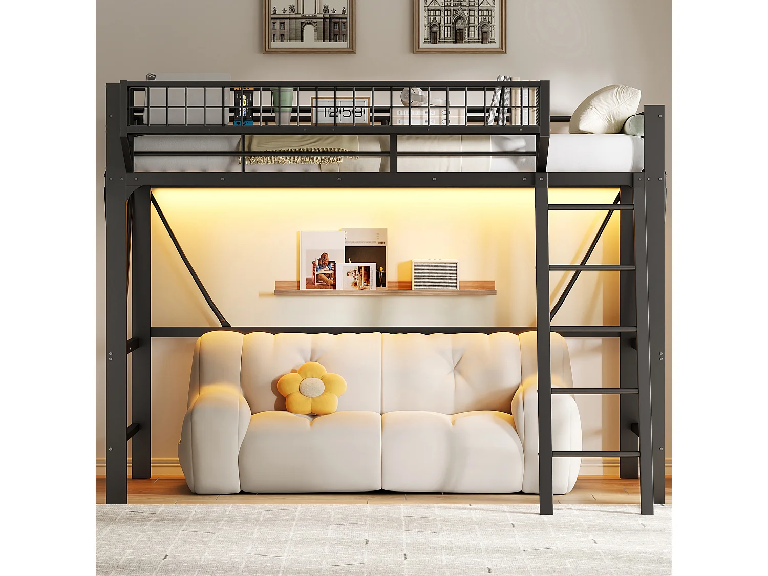 Loft bed 90 x 200 cm with large storage basket and LED lighting - Metal - Black (Mattress not included)
