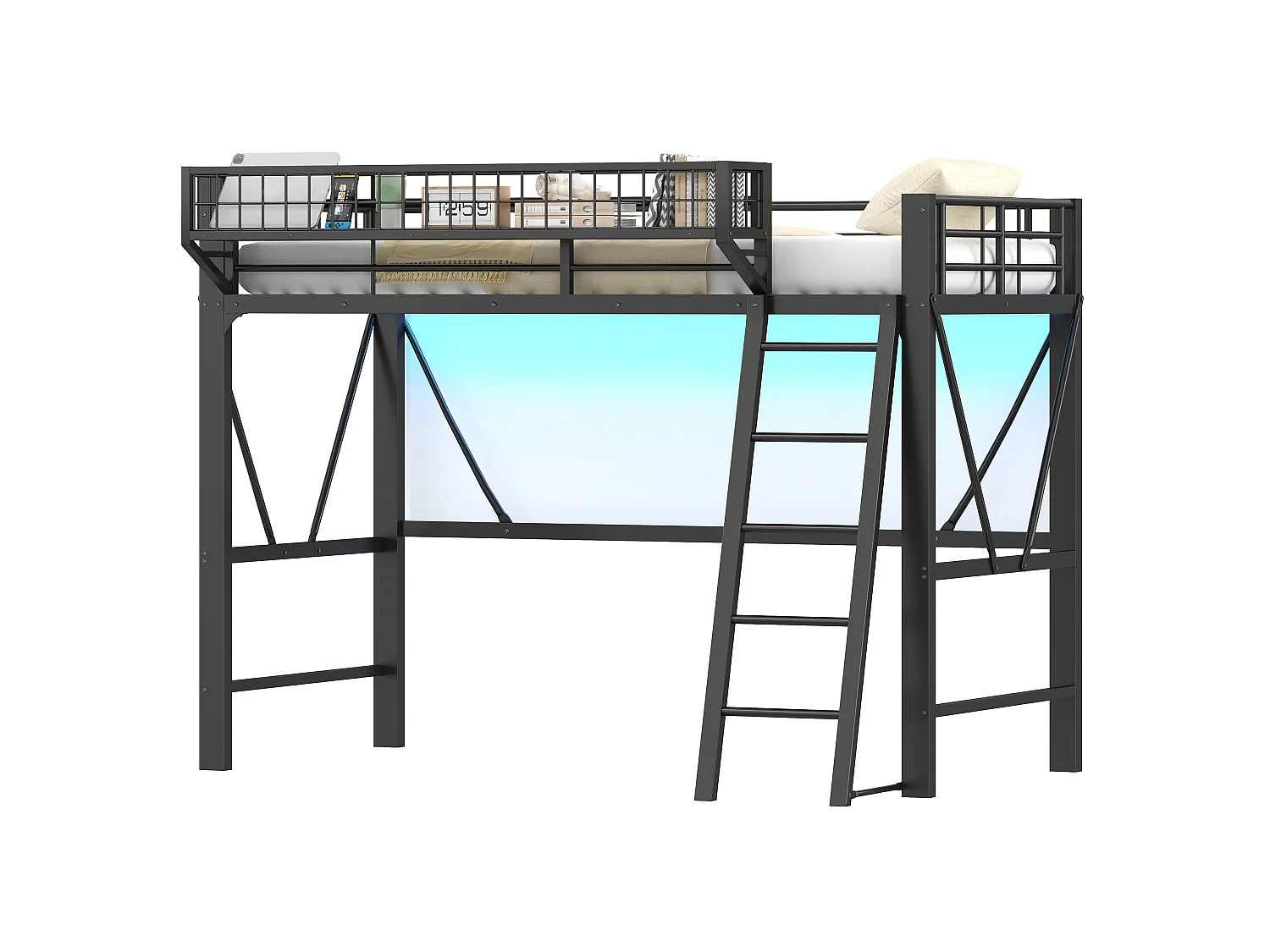 Loft bed 90 x 200 cm with large storage basket and LED lighting - Metal - Black (Mattress not included)