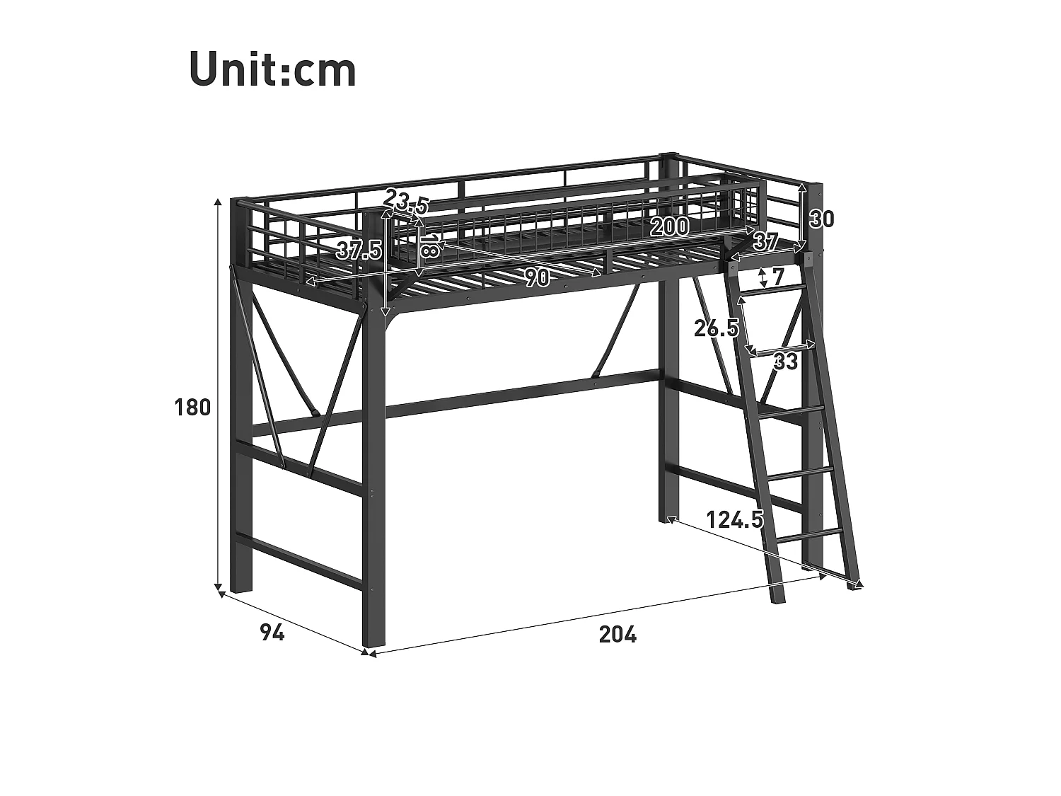 Loft bed 90 x 200 cm with large storage basket and LED lighting - Metal - Black (Mattress not included)