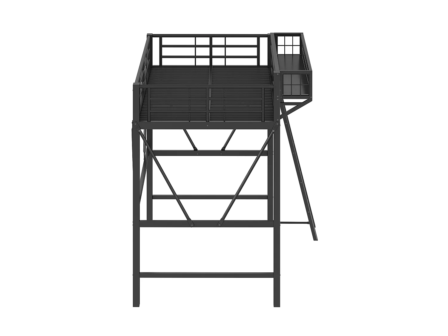 Loft bed 90 x 200 cm with large storage basket and LED lighting - Metal - Black (Mattress not included)