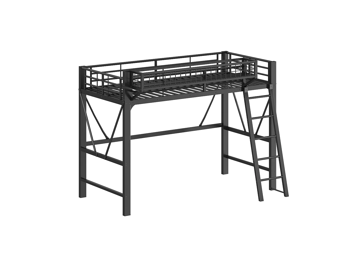 Loft bed 90 x 200 cm with large storage basket and LED lighting - Metal - Black (Mattress not included)