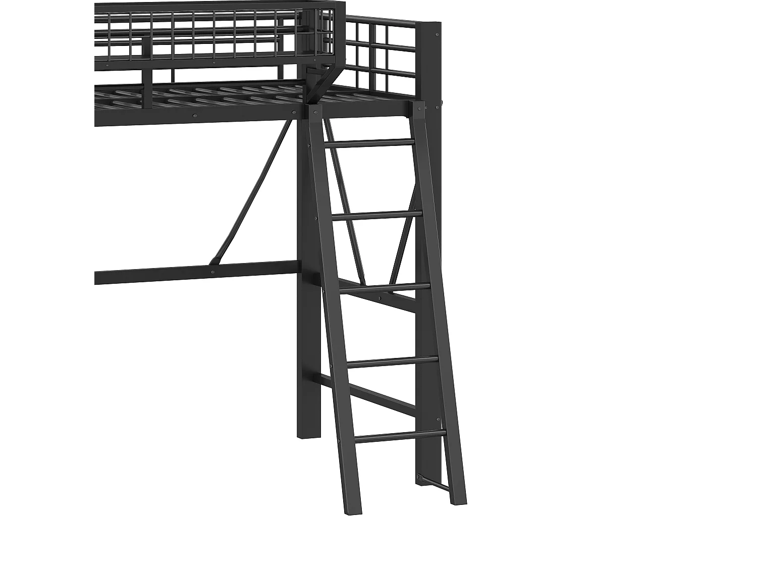 Loft bed 90 x 200 cm with large storage basket and LED lighting - Metal - Black (Mattress not included)