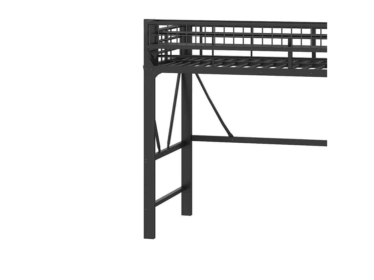 Loft bed 90 x 200 cm with large storage basket and LED lighting - Metal - Black (Mattress not included)