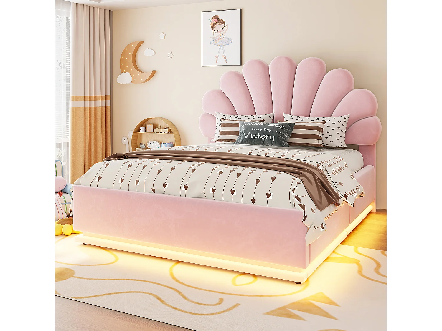 Lit capitonné double 140 x 200 cm avec tête de lit fleur, coffre hydraulique et LED - Velours + métal - Rose (Sans matelas)