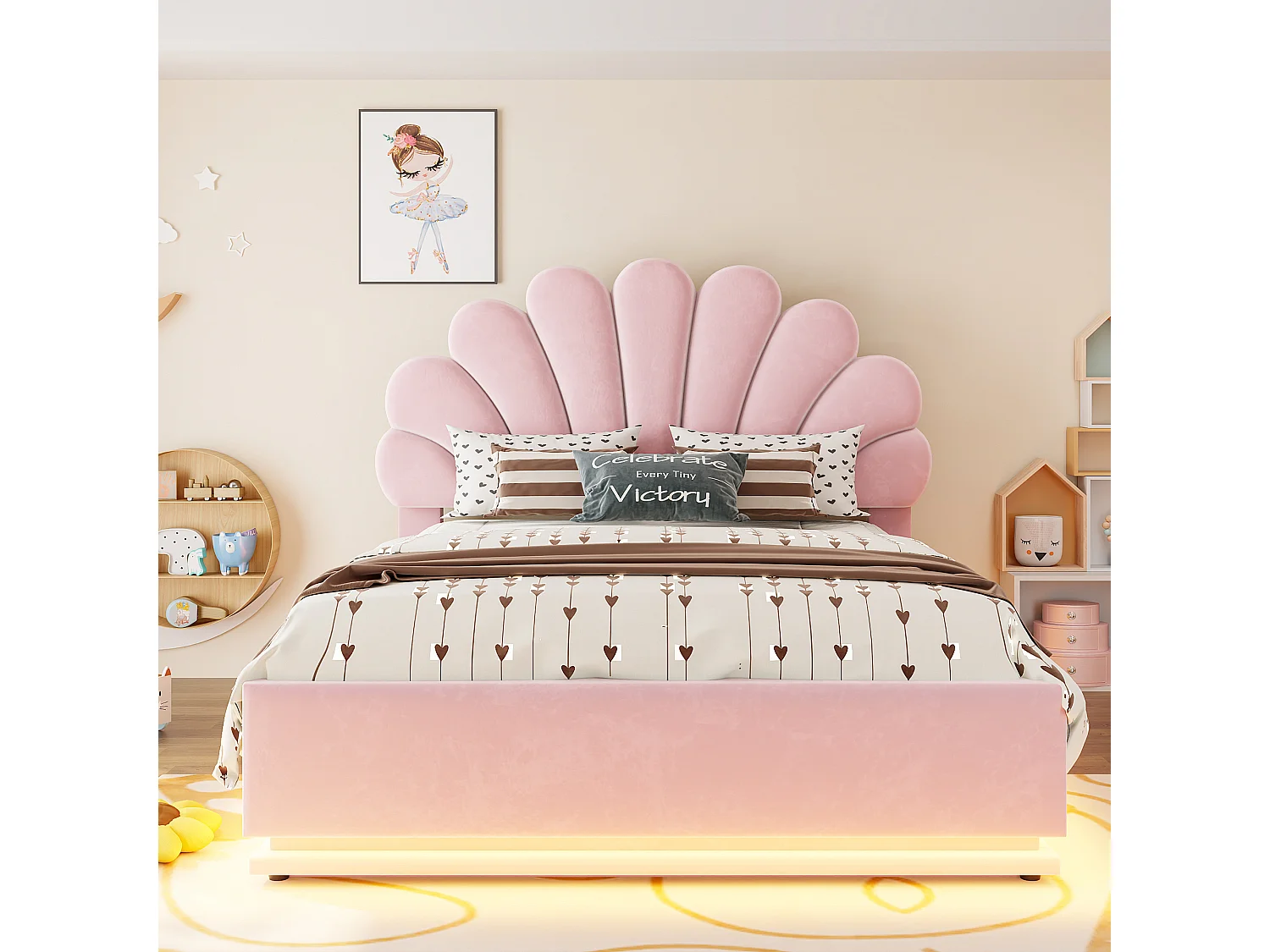 Lit capitonné double 140 x 200 cm avec tête de lit fleur, coffre hydraulique et LED - Velours + métal - Rose (Sans matelas)