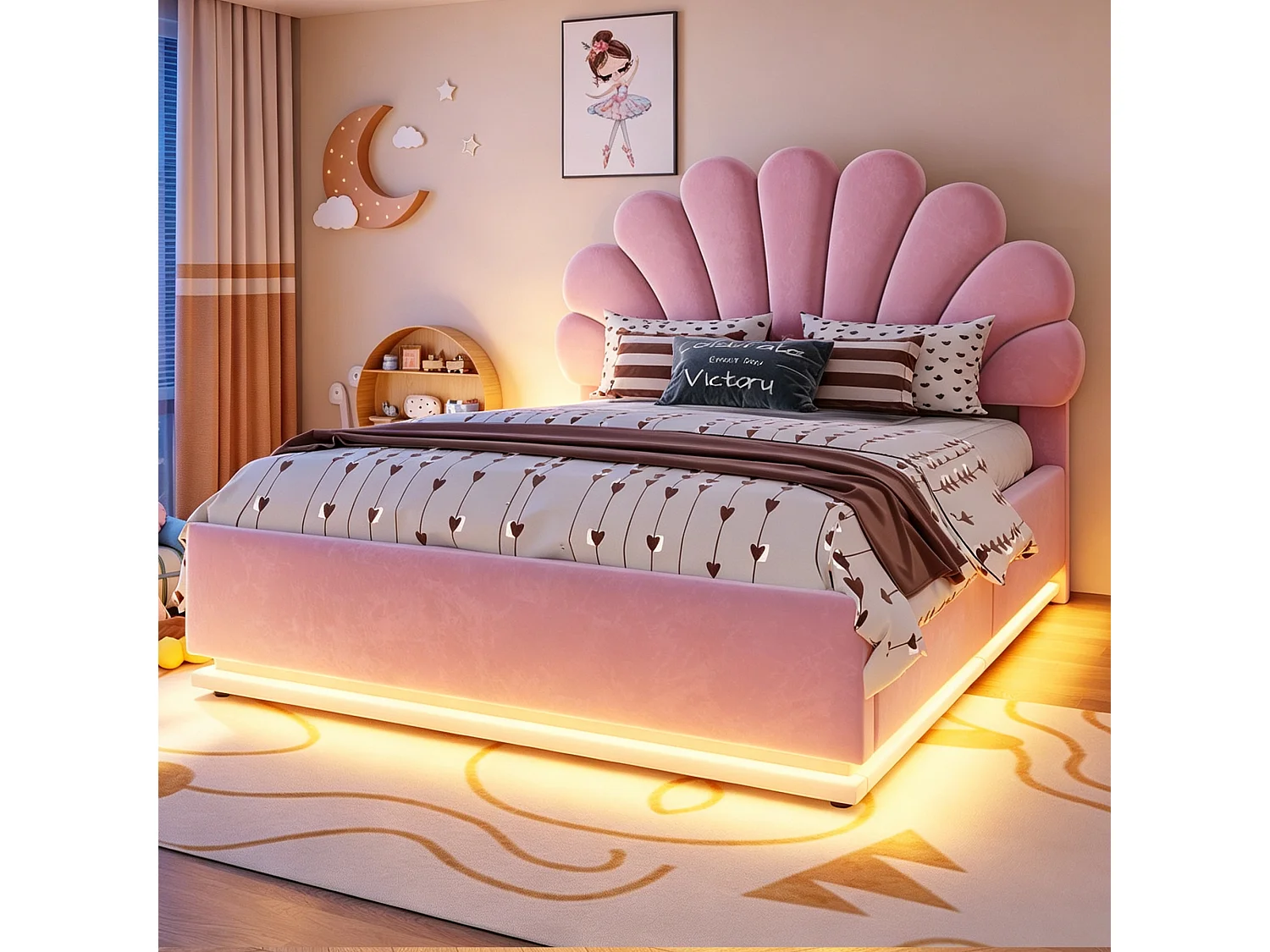 Lit capitonné double 140 x 200 cm avec tête de lit fleur, coffre hydraulique et LED - Velours + métal - Rose (Sans matelas)