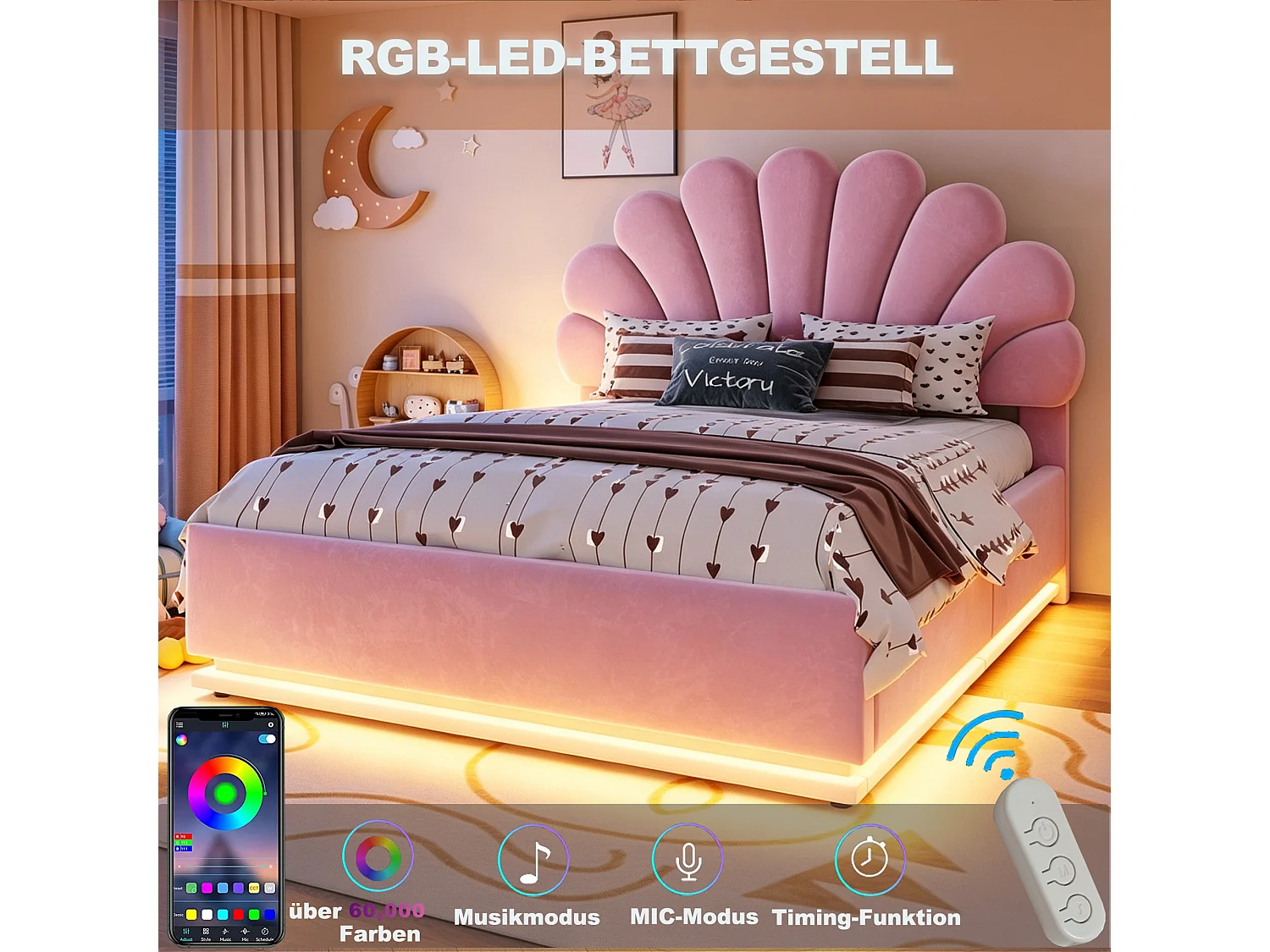 Lit capitonné double 140 x 200 cm avec tête de lit fleur, coffre hydraulique et LED - Velours + métal - Rose (Sans matelas)