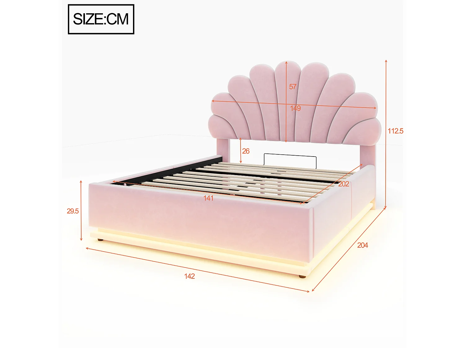 Lit capitonné double 140 x 200 cm avec tête de lit fleur, coffre hydraulique et LED - Velours + métal - Rose (Sans matelas)