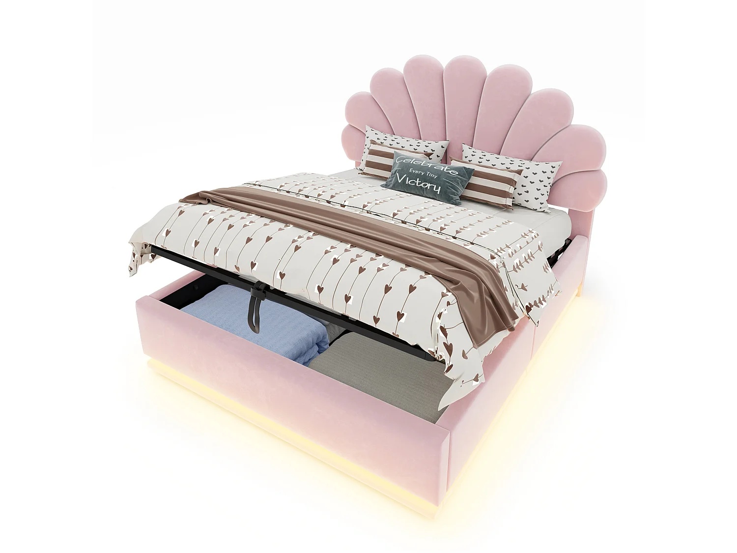 Lit capitonné double 140 x 200 cm avec tête de lit fleur, coffre hydraulique et LED - Velours + métal - Rose (Sans matelas)