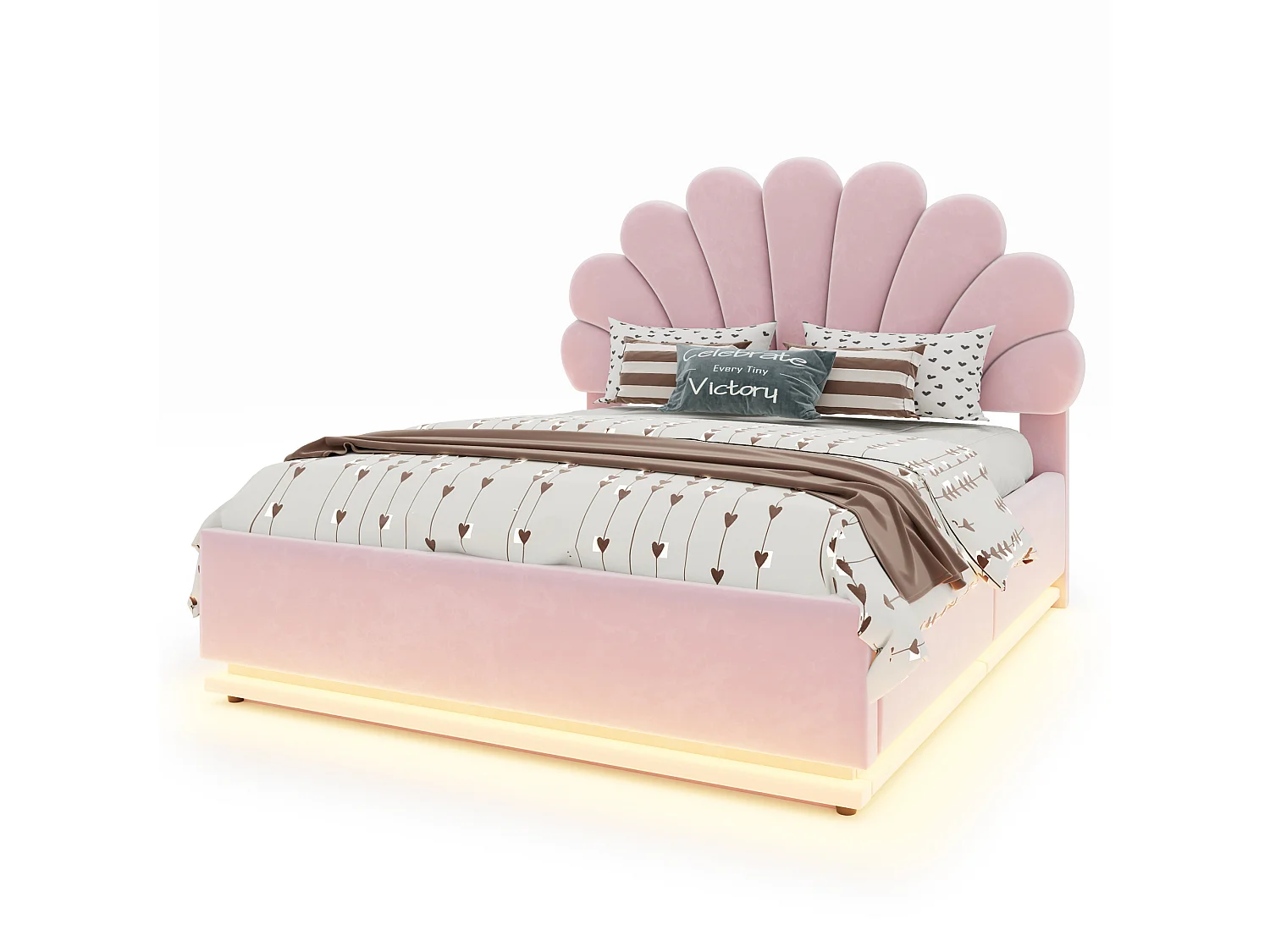Lit capitonné double 140 x 200 cm avec tête de lit fleur, coffre hydraulique et LED - Velours + métal - Rose (Sans matelas)
