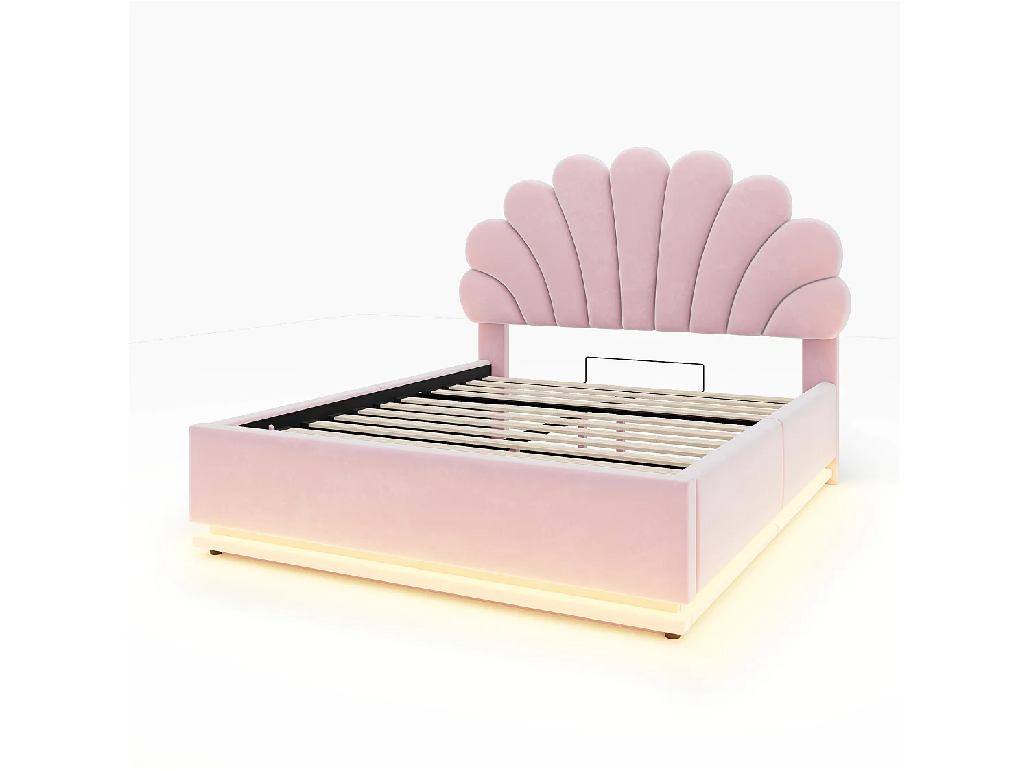 Lit capitonné double 140 x 200 cm avec tête de lit fleur, coffre hydraulique et LED - Velours + métal - Rose (Sans matelas)