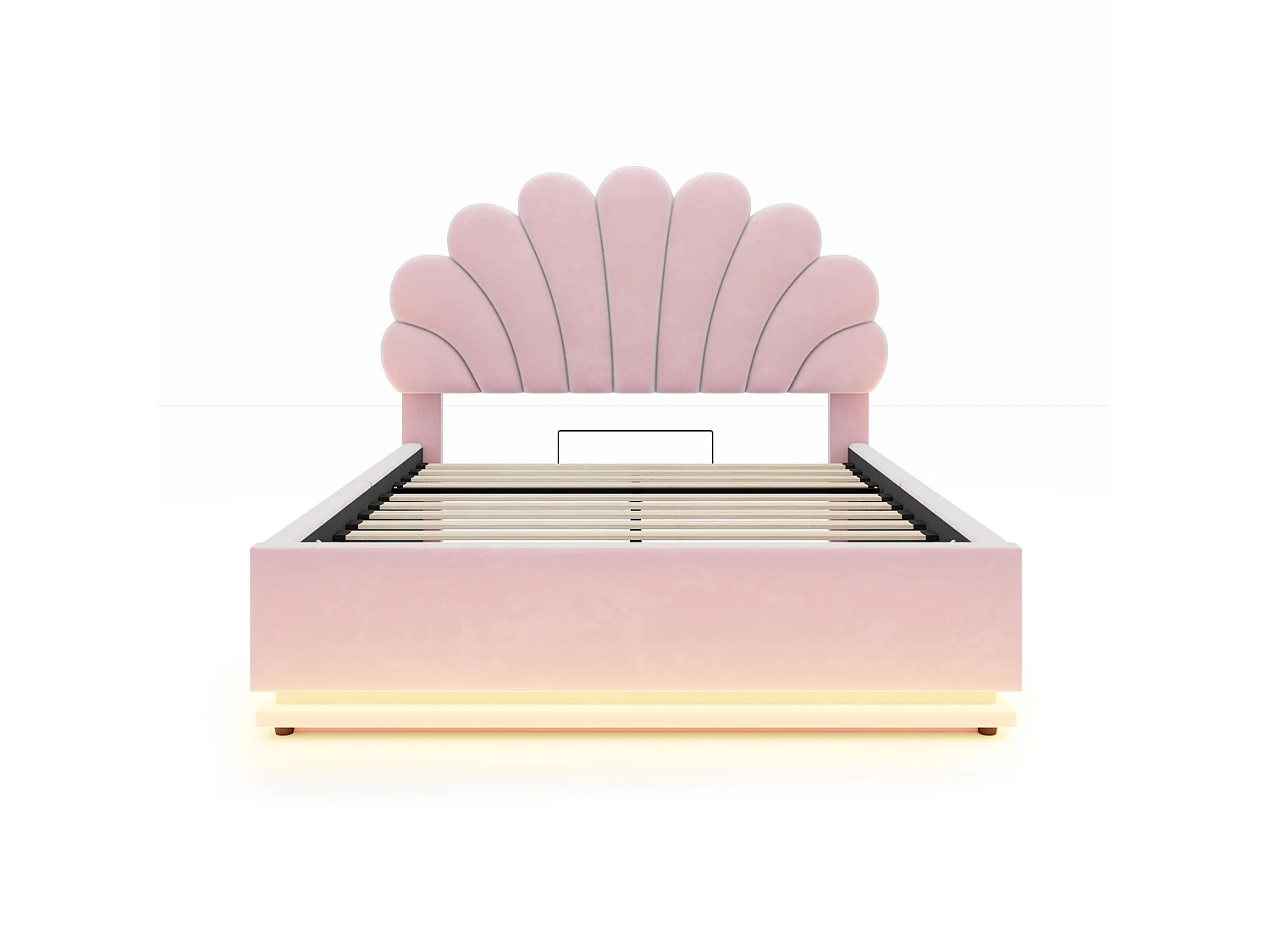 Lit capitonné double 140 x 200 cm avec tête de lit fleur, coffre hydraulique et LED - Velours + métal - Rose (Sans matelas)