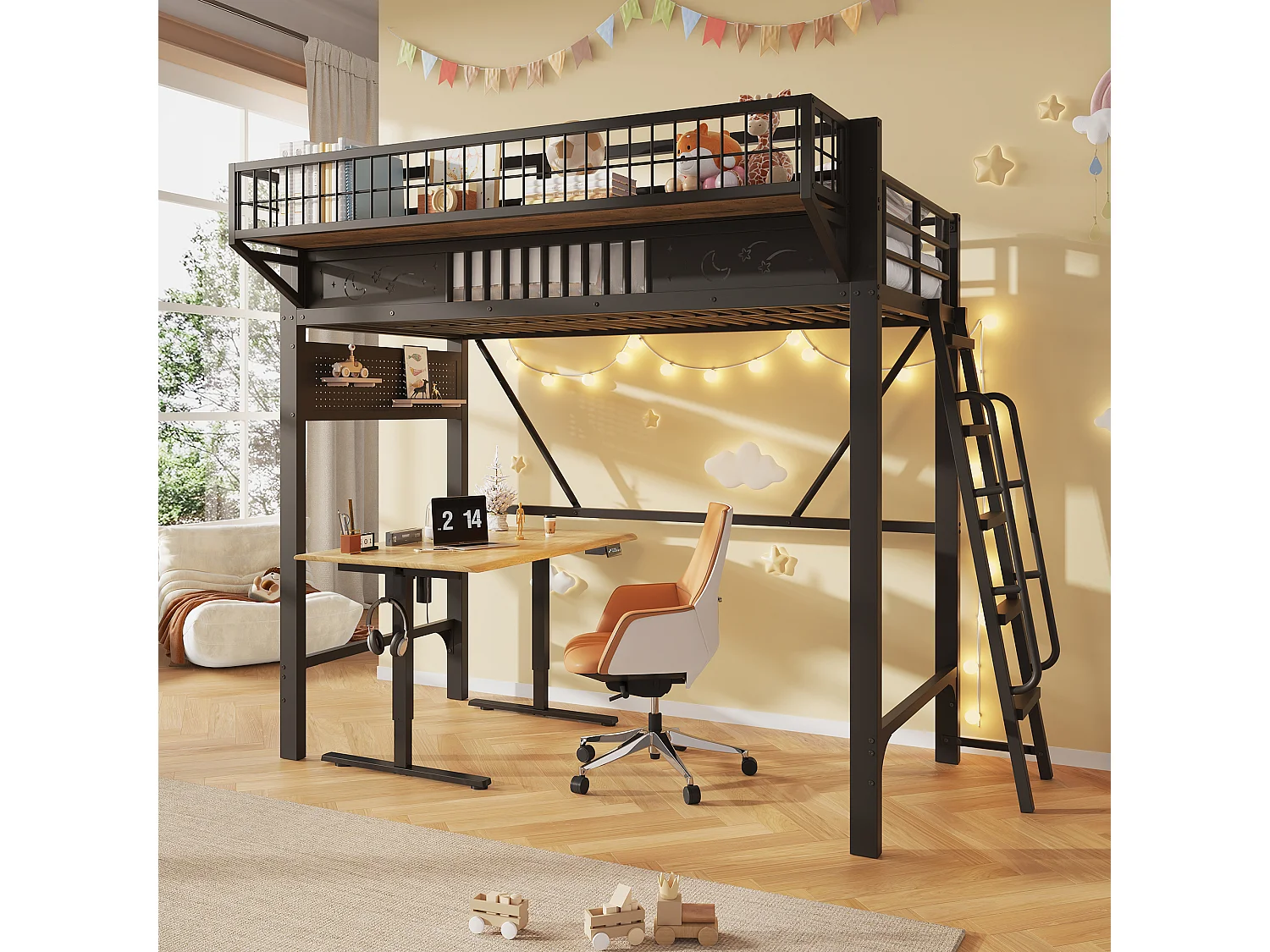 Children's mezzanine bed 90 x 200 cm in metal with side storage and reversible staircase - Metal - Black (Mattress not included)