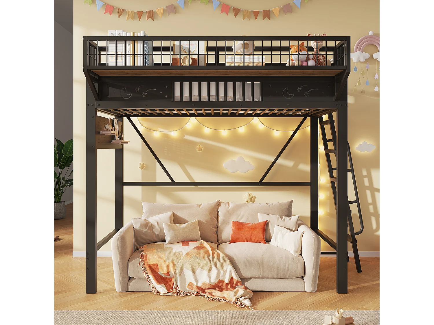 Children's mezzanine bed 90 x 200 cm in metal with side storage and reversible staircase - Metal - Black (Mattress not included)