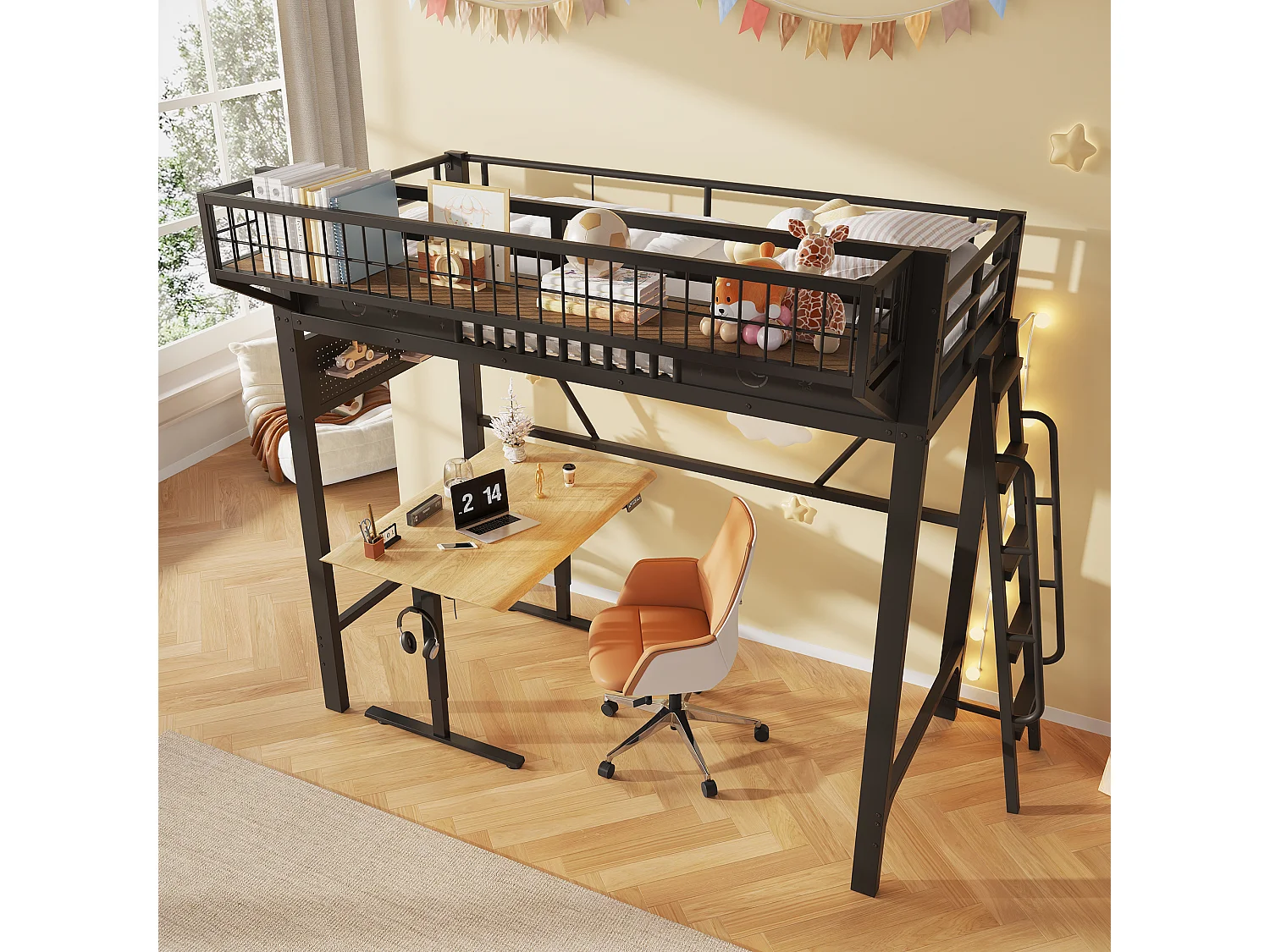 Children's mezzanine bed 90 x 200 cm in metal with side storage and reversible staircase - Metal - Black (Mattress not included)