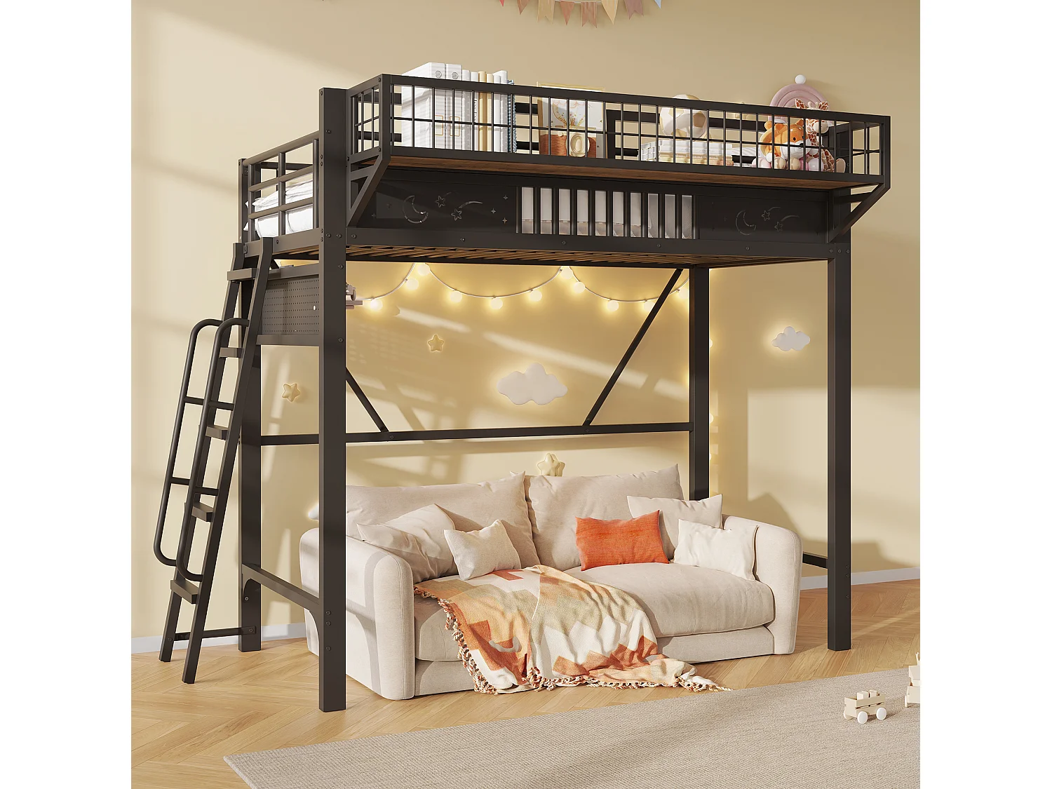Children's mezzanine bed 90 x 200 cm in metal with side storage and reversible staircase - Metal - Black (Mattress not included)