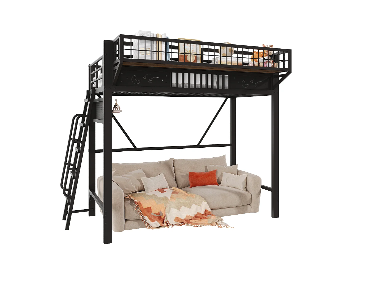 Children's mezzanine bed 90 x 200 cm in metal with side storage and reversible staircase - Metal - Black (Mattress not included)