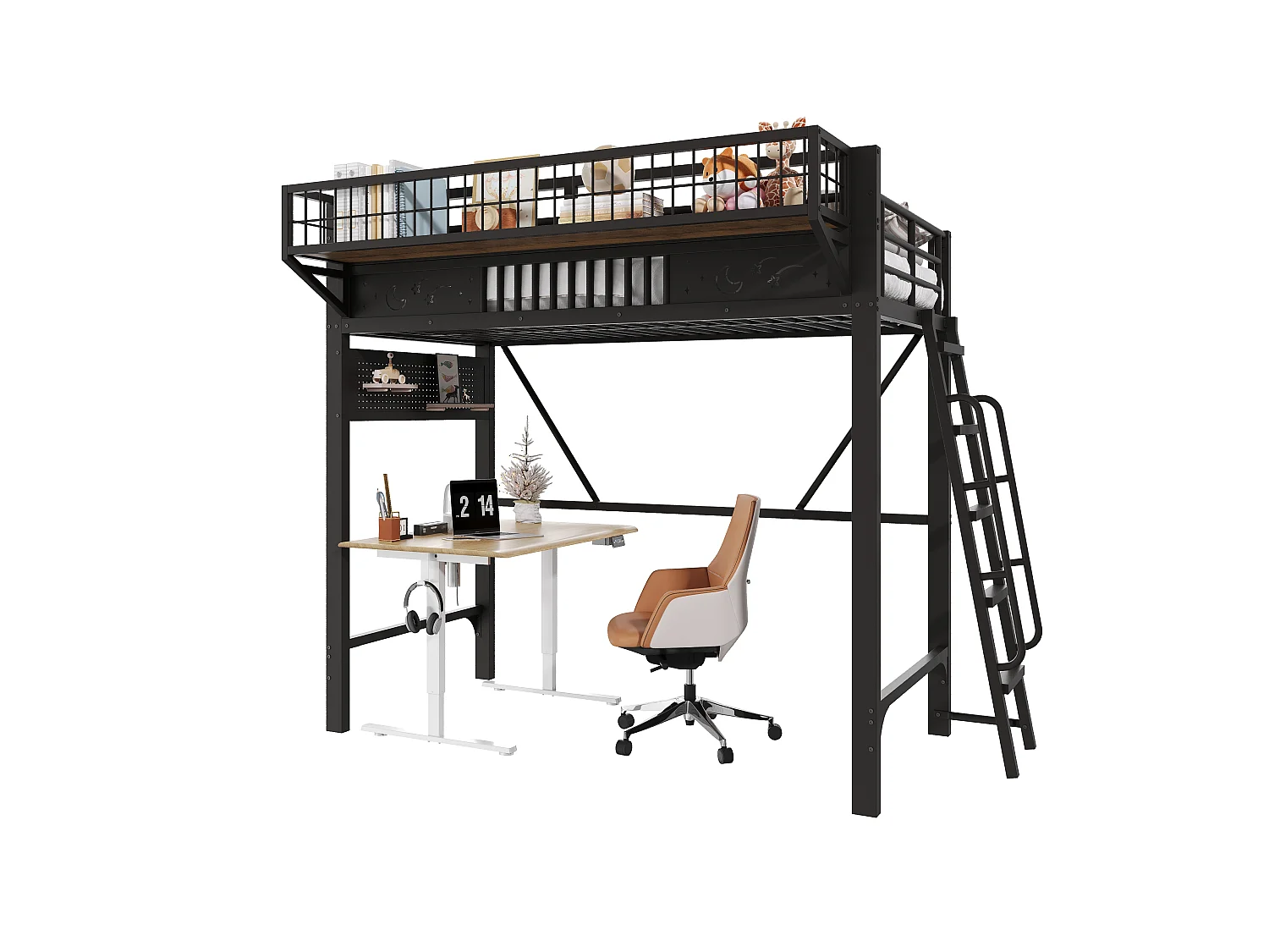 Children's mezzanine bed 90 x 200 cm in metal with side storage and reversible staircase - Metal - Black (Mattress not included)