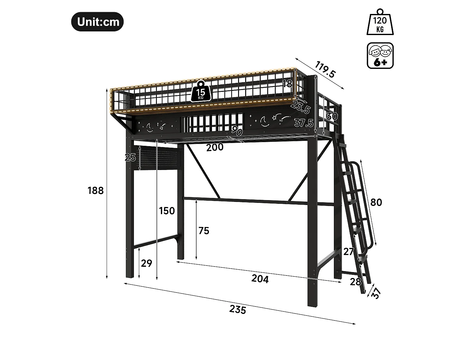 Children's mezzanine bed 90 x 200 cm in metal with side storage and reversible staircase - Metal - Black (Mattress not included)