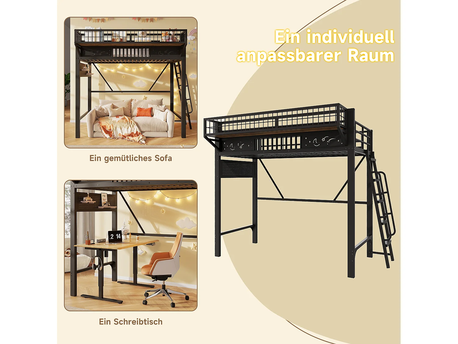 Children's mezzanine bed 90 x 200 cm in metal with side storage and reversible staircase - Metal - Black (Mattress not included)