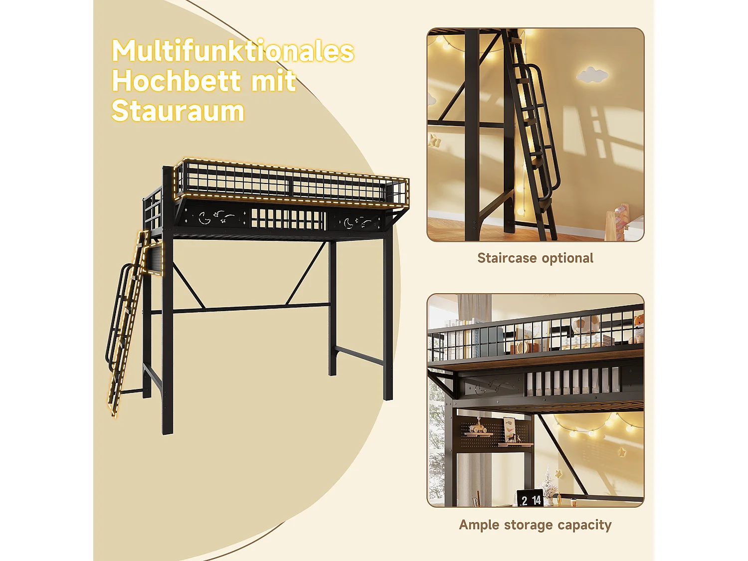 Children's mezzanine bed 90 x 200 cm in metal with side storage and reversible staircase - Metal - Black (Mattress not included)