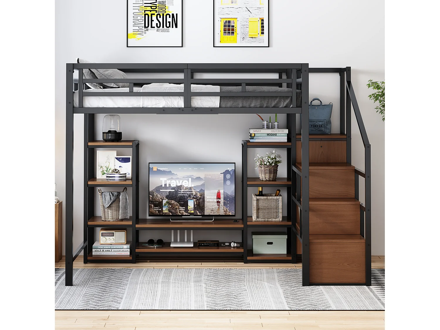 Loft bed 140 x 200 cm with TV unit, storage, electrical outlet and ladder - Metal and MDF - Black (Mattress not included)