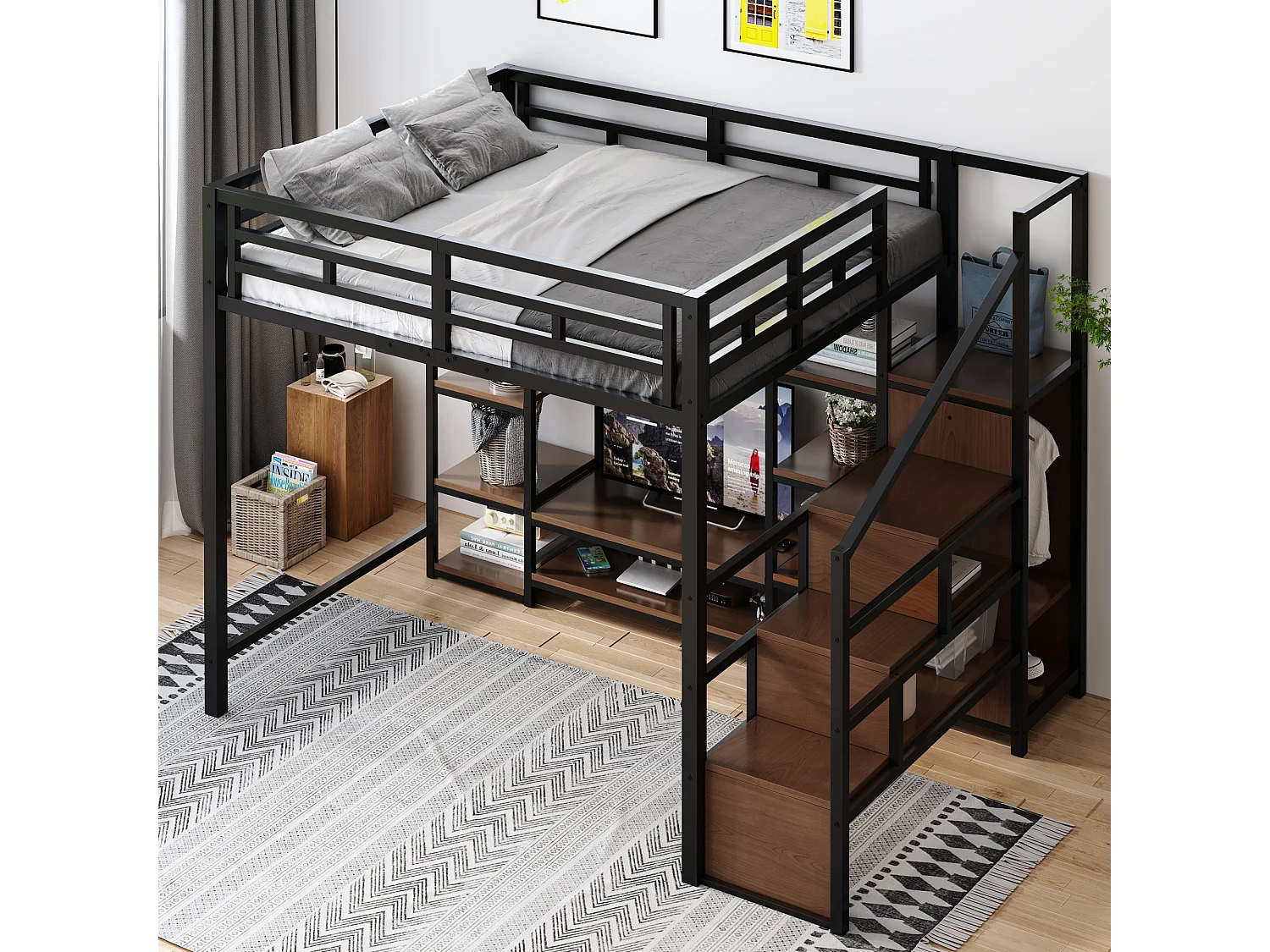 Loft bed 140 x 200 cm with TV unit, storage, electrical outlet and ladder - Metal and MDF - Black (Mattress not included)
