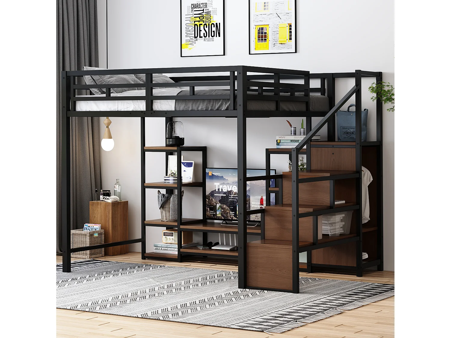 Loft bed 140 x 200 cm with TV unit, storage, electrical outlet and ladder - Metal and MDF - Black (Mattress not included)