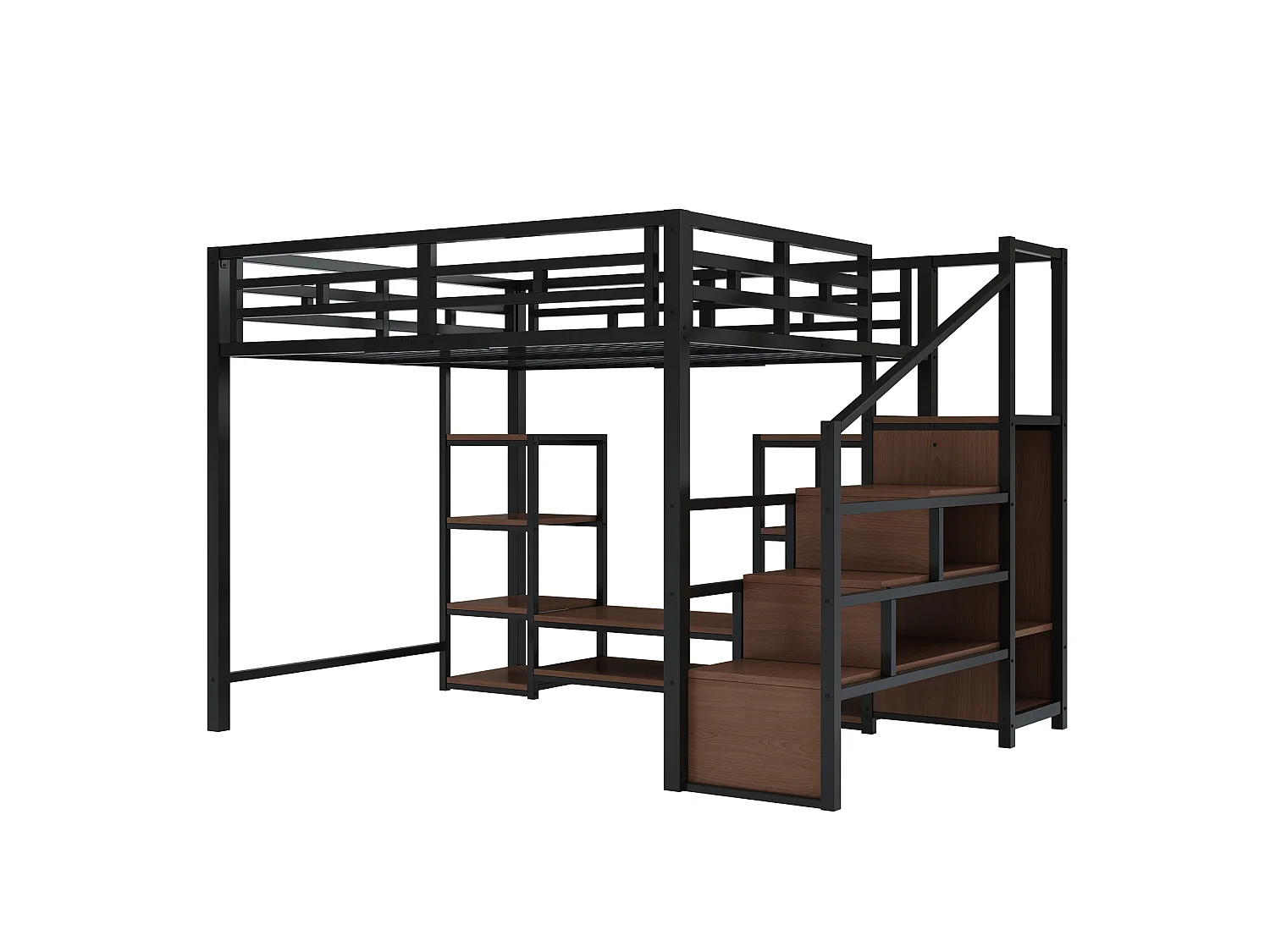 Loft bed 140 x 200 cm with TV unit, storage, electrical outlet and ladder - Metal and MDF - Black (Mattress not included)