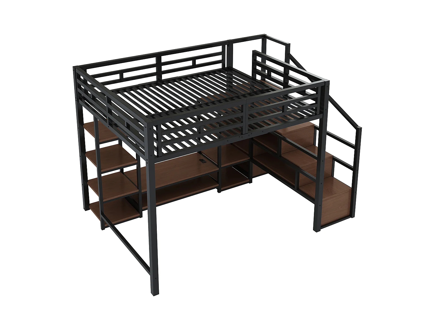 Loft bed 140 x 200 cm with TV unit, storage, electrical outlet and ladder - Metal and MDF - Black (Mattress not included)