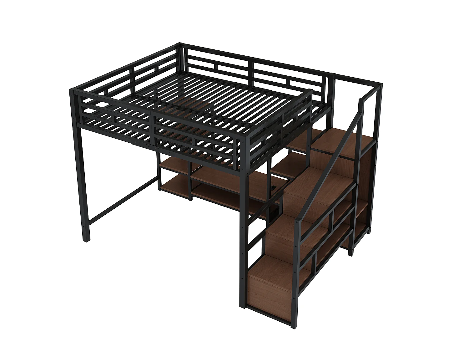 Loft bed 140 x 200 cm with TV unit, storage, electrical outlet and ladder - Metal and MDF - Black (Mattress not included)