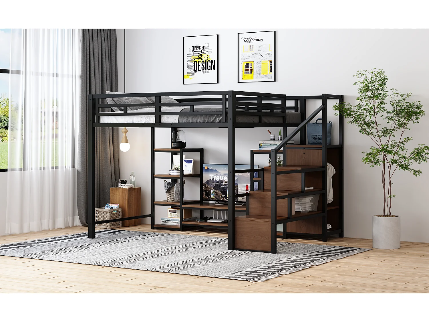 Loft bed 140 x 200 cm with TV unit, storage, electrical outlet and ladder - Metal and MDF - Black (Mattress not included)