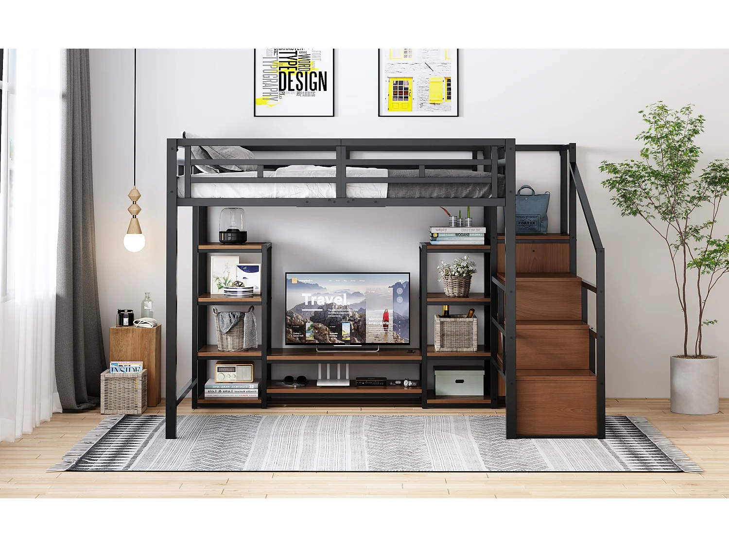 Loft bed 140 x 200 cm with TV unit, storage, electrical outlet and ladder - Metal and MDF - Black (Mattress not included)