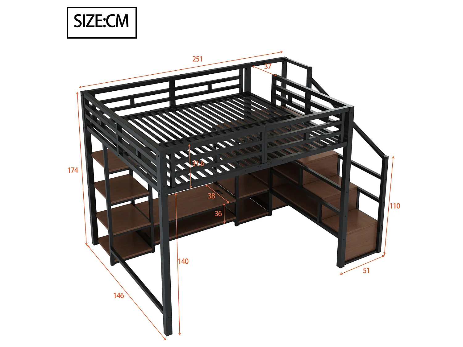 Loft bed 140 x 200 cm with TV unit, storage, electrical outlet and ladder - Metal and MDF - Black (Mattress not included)