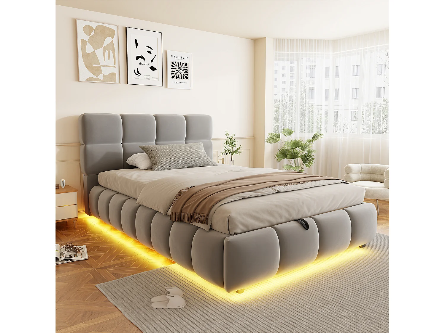 90 x 200 cm Stauraumbett mit hydraulischer Staufunktion und LED-Beleuchtung - Samt + MDF - Grau (Matratze nicht im Lieferumfang enthalten)