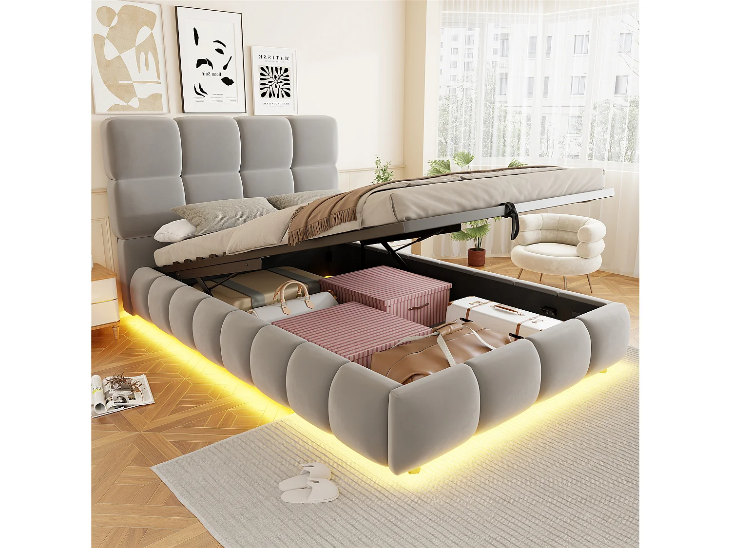 90 x 200 cm Stauraumbett mit hydraulischer Staufunktion und LED-Beleuchtung - Samt + MDF - Grau (Matratze nicht im Lieferumfang enthalten)