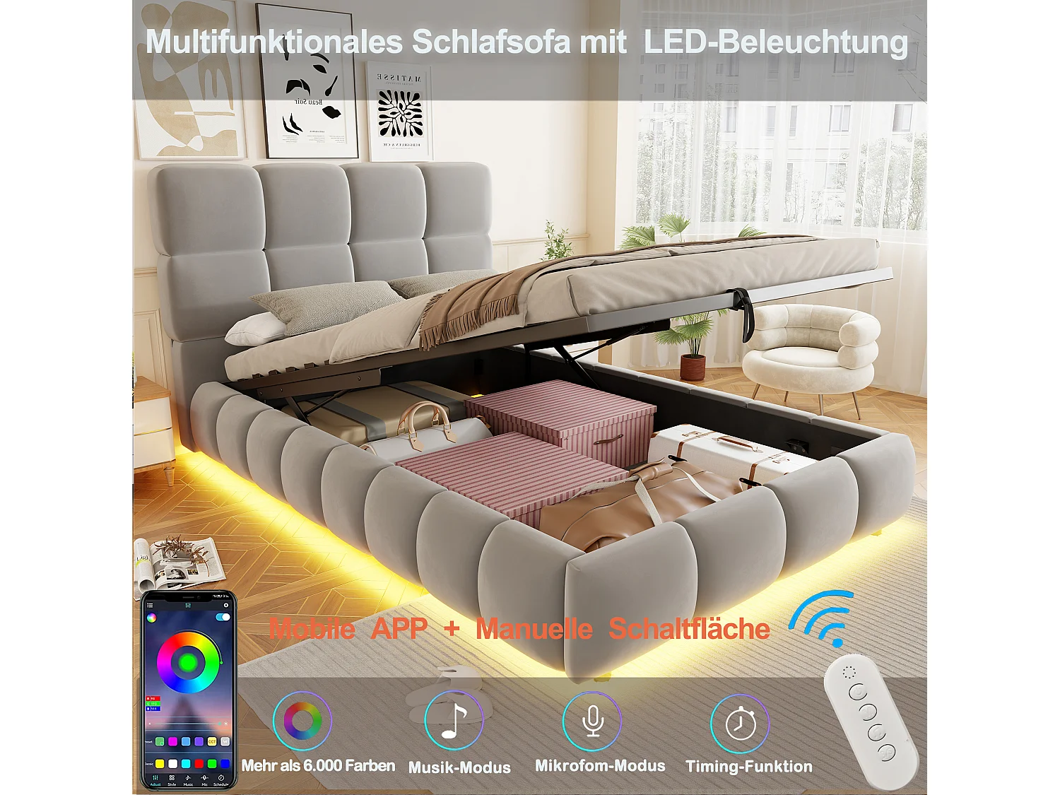 90 x 200 cm Stauraumbett mit hydraulischer Staufunktion und LED-Beleuchtung - Samt + MDF - Grau (Matratze nicht im Lieferumfang enthalten)