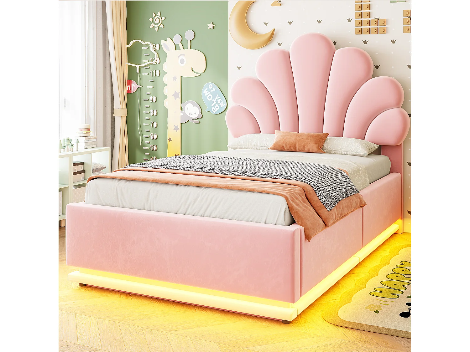 Lit capitonné 90 x 200 cm avec tête de lit fleur, coffre hydraulique et LED - Velours + métal - Rose (Sans matelas)