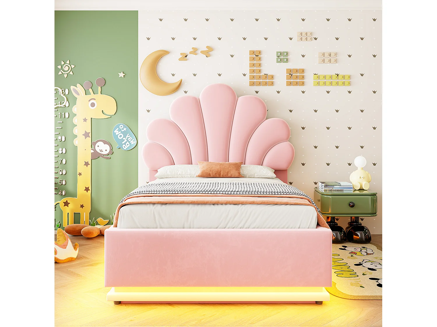 Lit capitonné 90 x 200 cm avec tête de lit fleur, coffre hydraulique et LED - Velours + métal - Rose (Sans matelas)