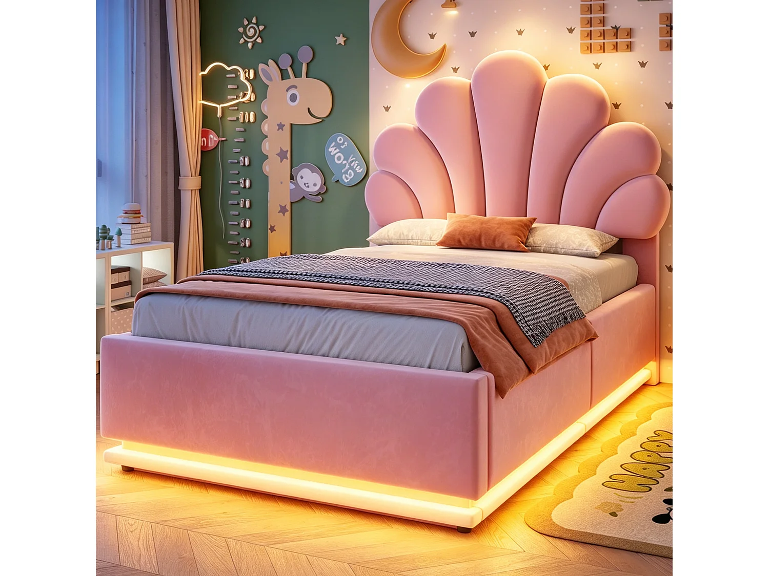 Lit capitonné 90 x 200 cm avec tête de lit fleur, coffre hydraulique et LED - Velours + métal - Rose (Sans matelas)