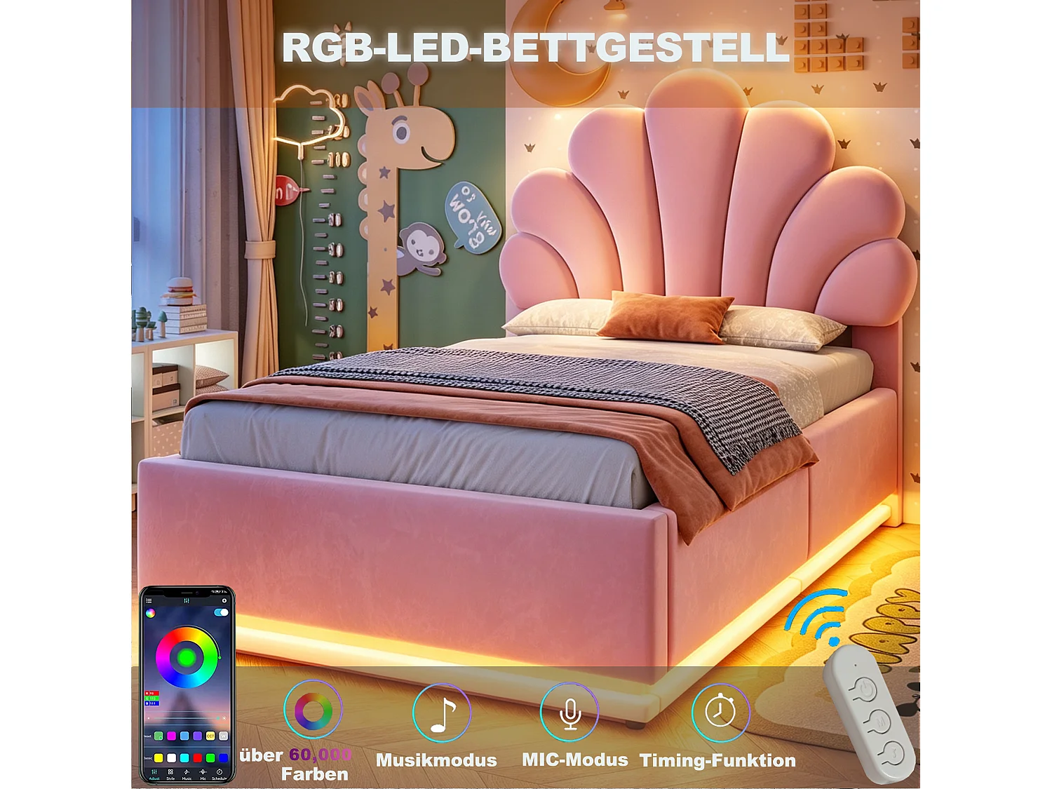 Lit capitonné 90 x 200 cm avec tête de lit fleur, coffre hydraulique et LED - Velours + métal - Rose (Sans matelas)