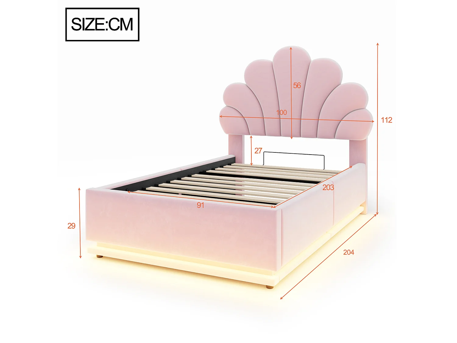 Lit capitonné 90 x 200 cm avec tête de lit fleur, coffre hydraulique et LED - Velours + métal - Rose (Sans matelas)