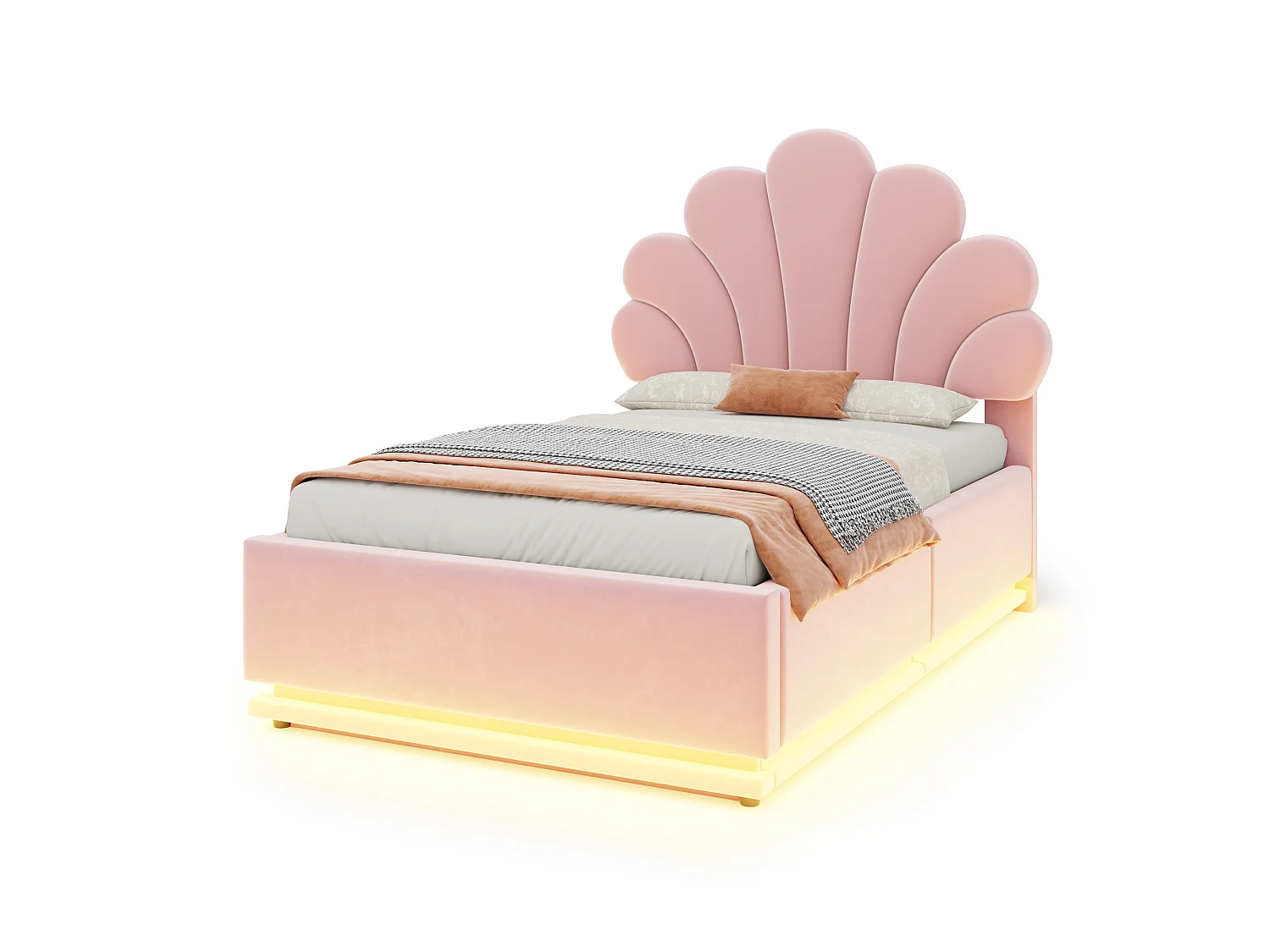 Lit capitonné 90 x 200 cm avec tête de lit fleur, coffre hydraulique et LED - Velours + métal - Rose (Sans matelas)
