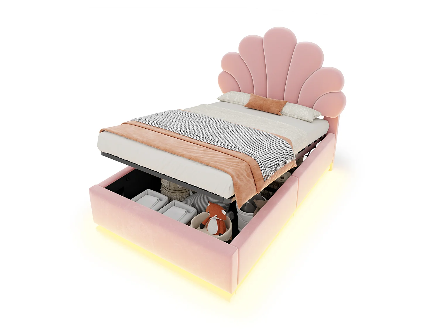 Lit capitonné 90 x 200 cm avec tête de lit fleur, coffre hydraulique et LED - Velours + métal - Rose (Sans matelas)