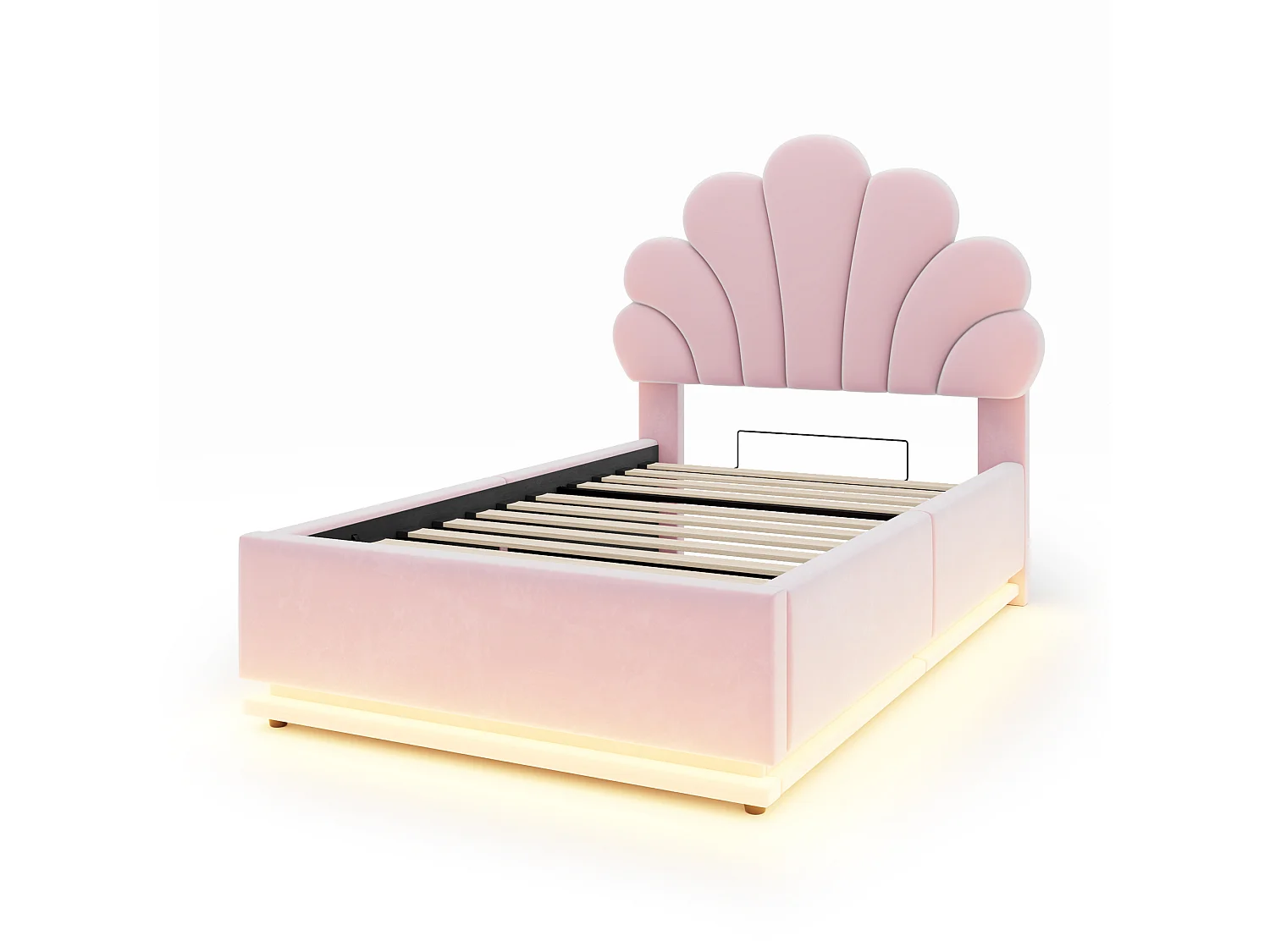 Lit capitonné 90 x 200 cm avec tête de lit fleur, coffre hydraulique et LED - Velours + métal - Rose (Sans matelas)