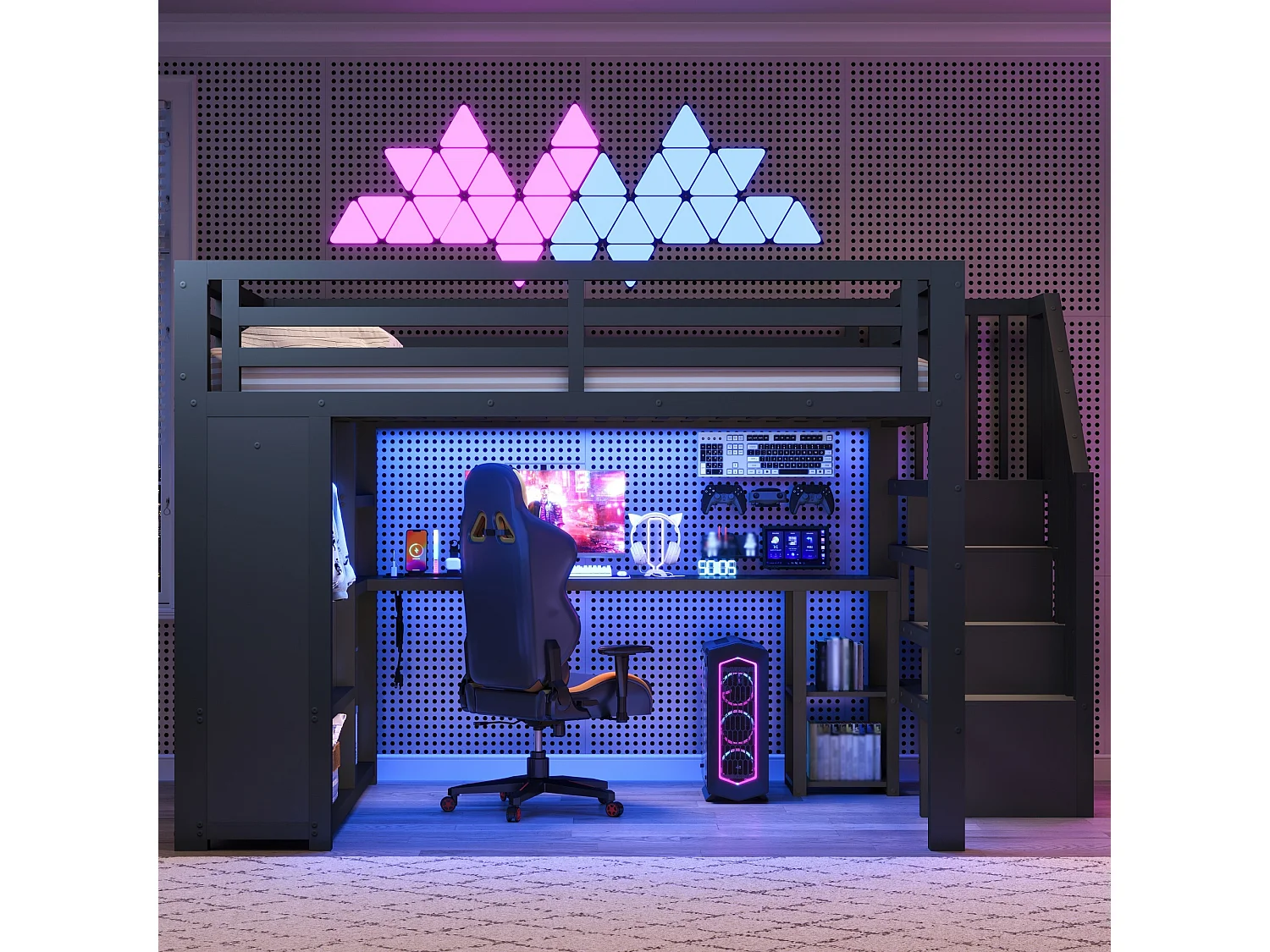 Lit mezzanine 160 x 200 cm avec bureau, penderie, LED et étagères - Métal - Noir (Sans matelas)