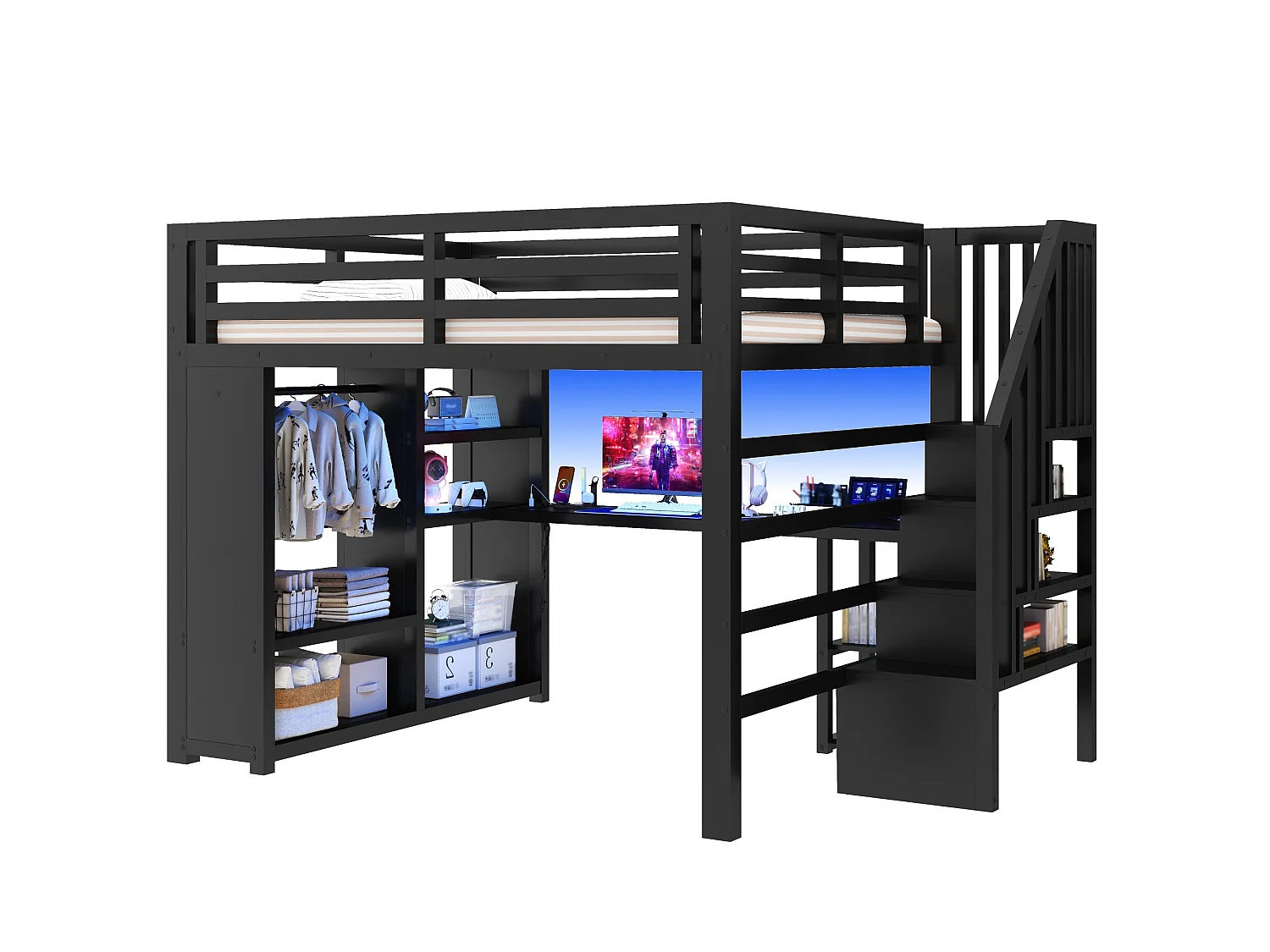 Lit mezzanine 160 x 200 cm avec bureau, penderie, LED et étagères - Métal - Noir (Sans matelas)
