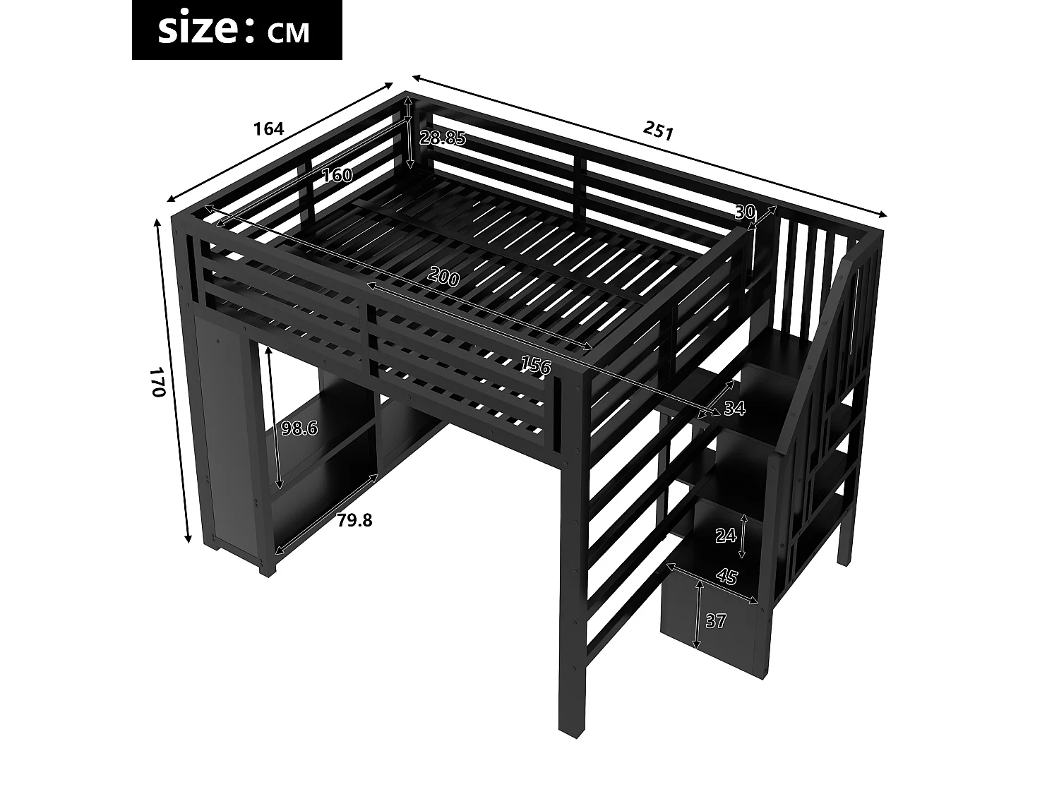 Lit mezzanine 160 x 200 cm avec bureau, penderie, LED et étagères - Métal - Noir (Sans matelas)